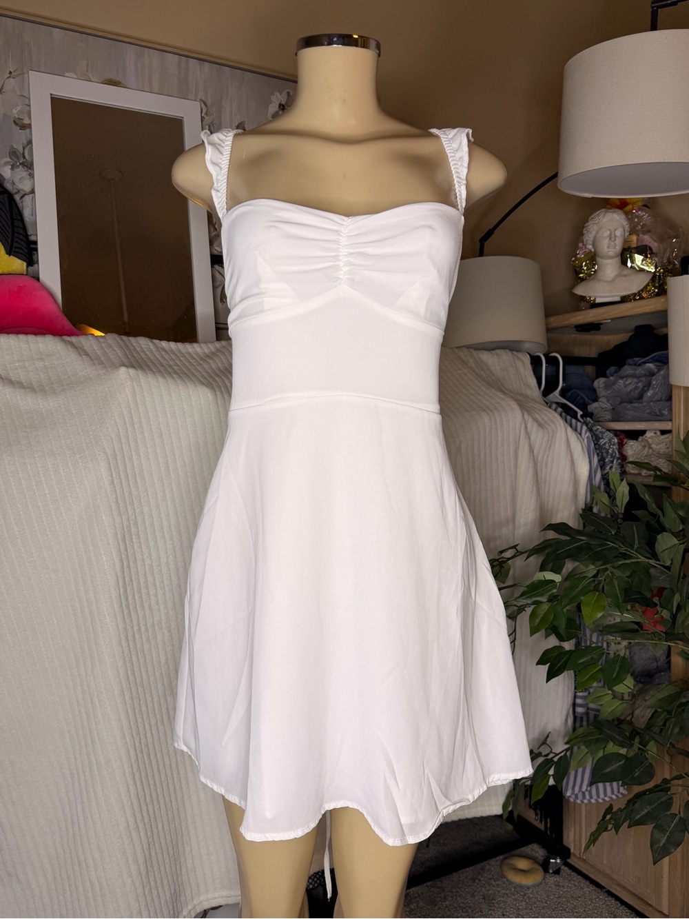 Ruched Bust Lace Up Back White Mini A-Line Cami Dress